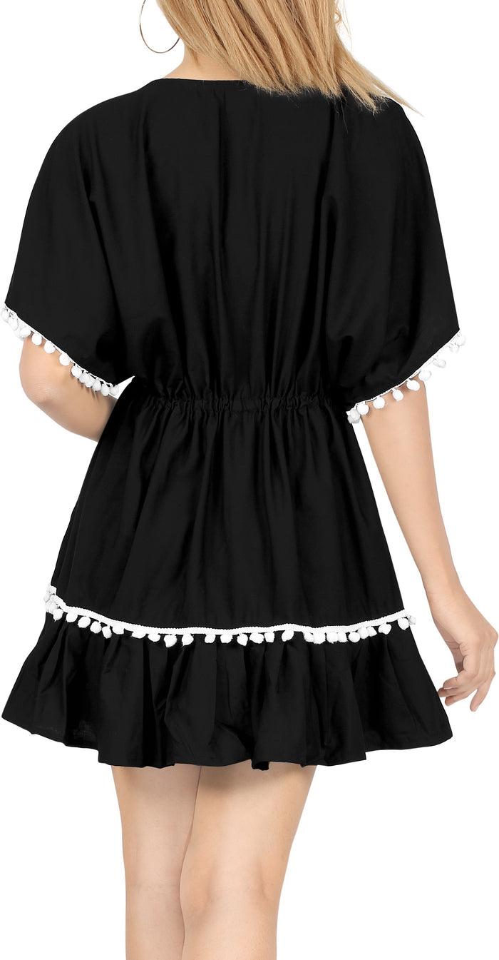 La Leela La Leela Cotton V NECK POM POM LACE Beach SWIMSUIT Cover Up TUNIC Caftan Black