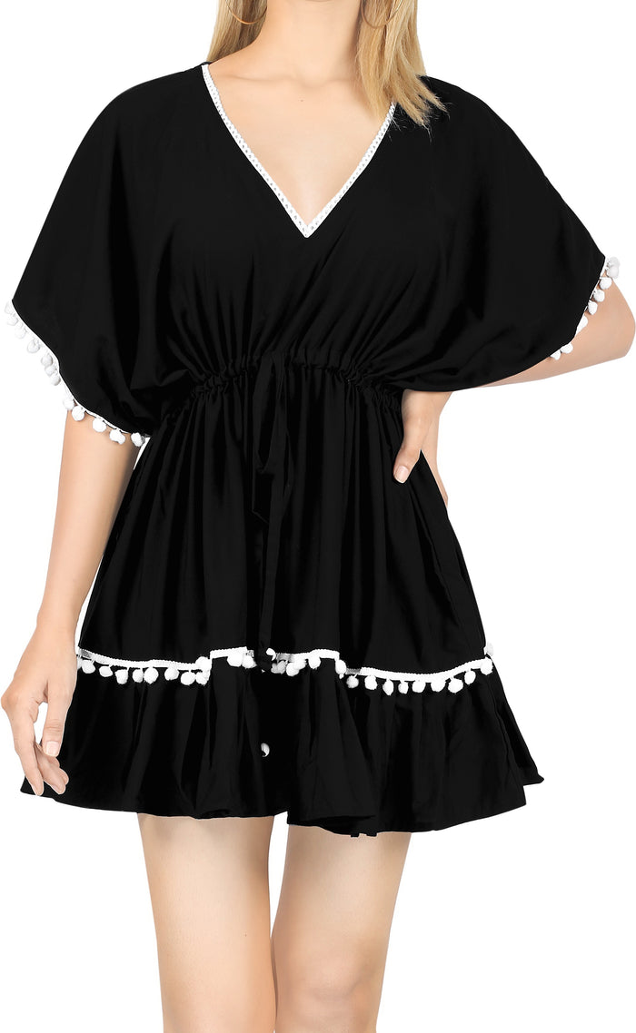 la leela La Leela Cotton V NECK POM POM LACE Beach SWIMSUIT Cover up TUNIC Caftan Black