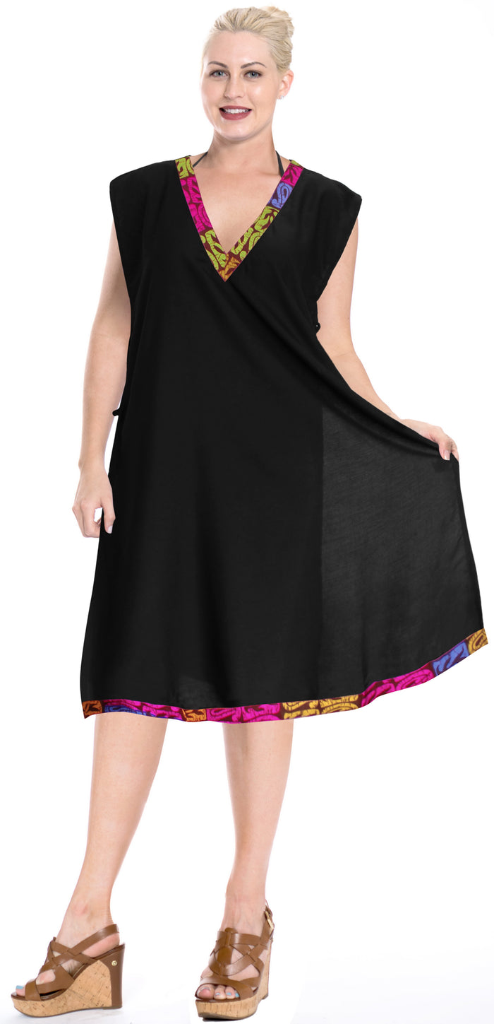 la leela LA LEELA Cover up Beach Bikini Swim Wear Swimsuit Kimono v-Neck Dress Women Solid Black