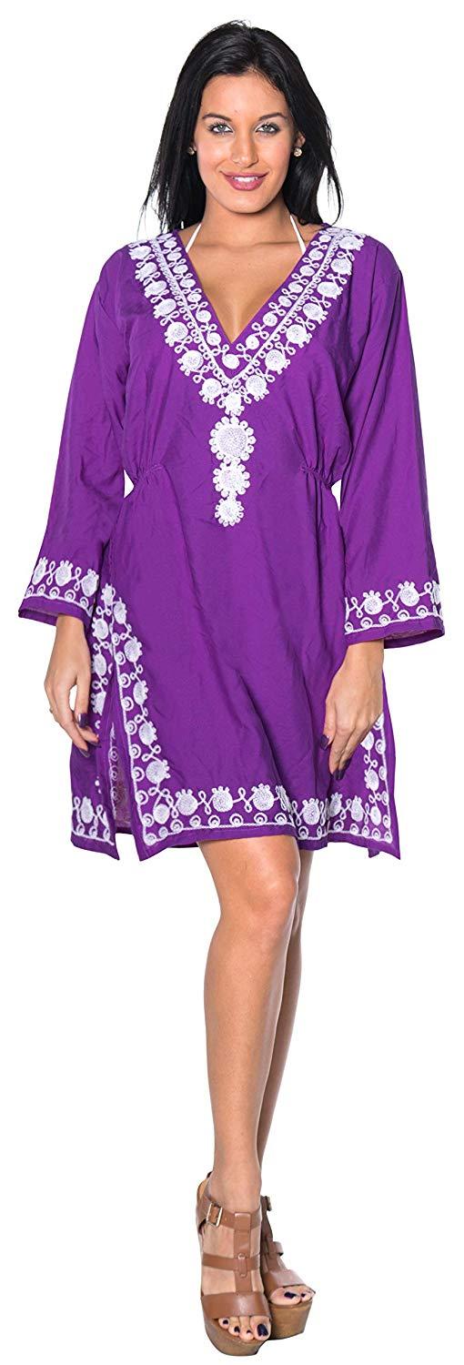 La Leela LA LEELA Coverup Beach Bikini Wear Swimsuit Kimono Dress Women Embroidered
