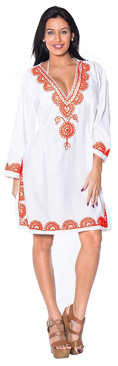 La Leela LA LEELA Coverup Beach Bikini Wear Swimsuit Kimono Dress Women Embroidered