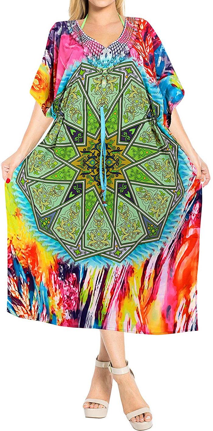 La Leela LA LEELA Digital Women's Kaftan Kimono Nightgown Beachwear Cover Up Dress