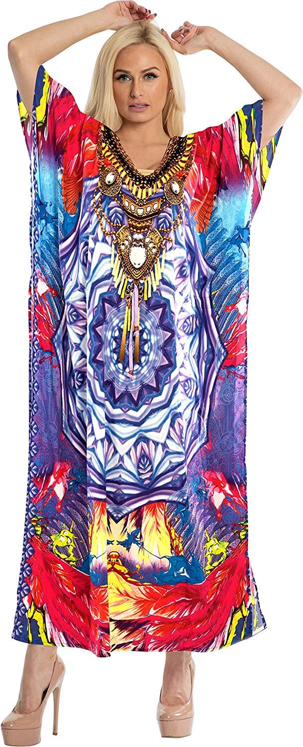 la leela LA LEELA Digital Women's Kaftan Kimono Nightgown Beachwear Cover up Dress
