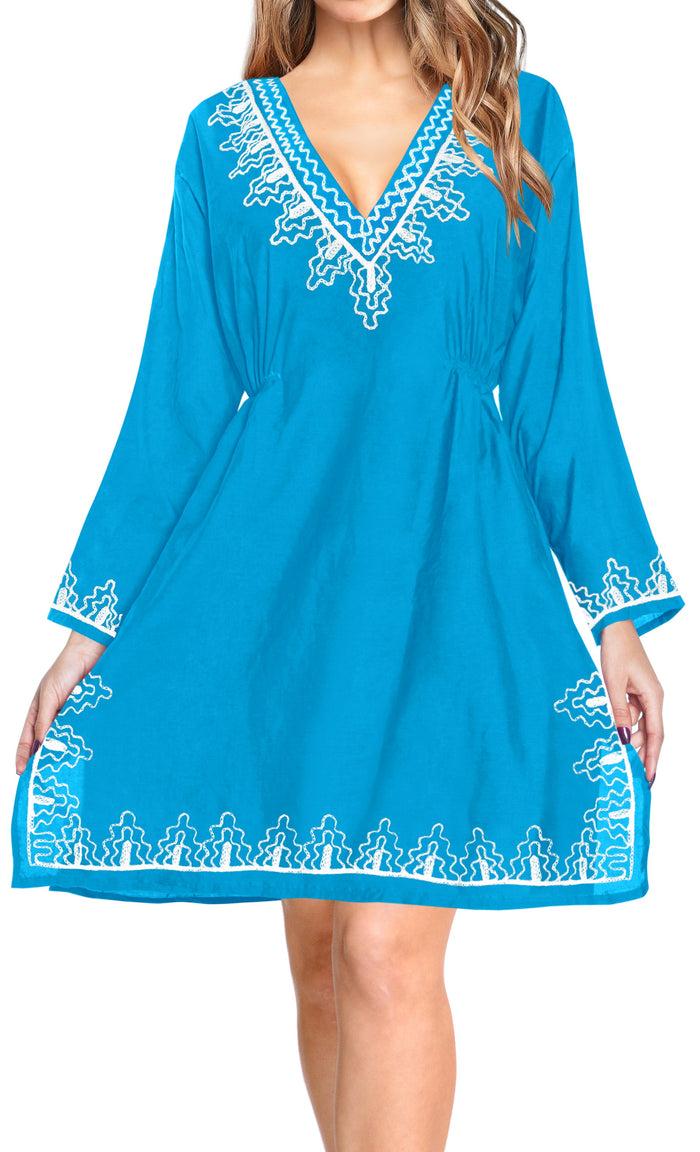 La Leela La Leela Embroidered RAYON SWIMSUIT Beach Cover Up Tunic Bikini Dress Blue
