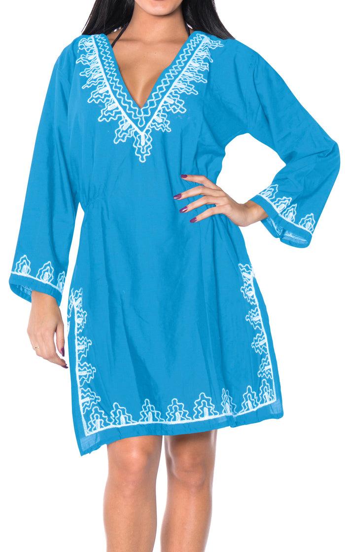 La Leela La Leela Embroidered RAYON SWIMSUIT Beach Cover Up Tunic Bikini Dress Blue
