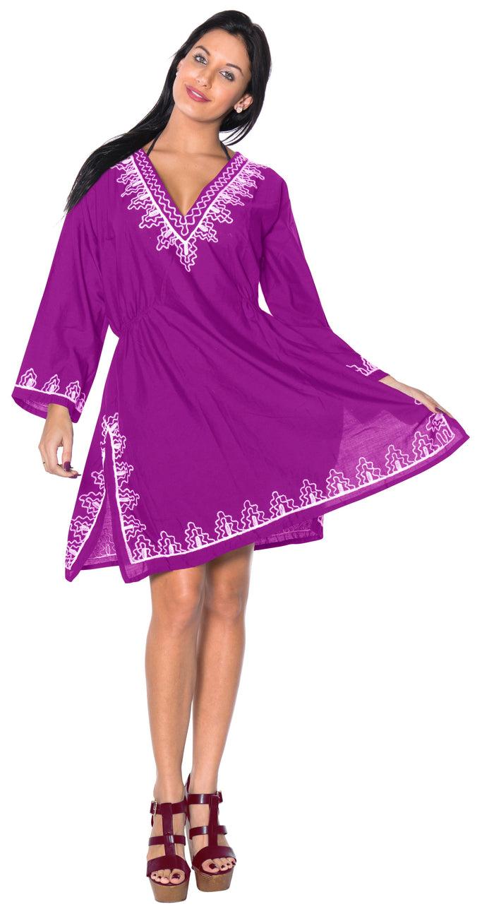 La Leela La Leela Embroidered RAYON SWIMSUIT Beach Cover Up Tunic Bikini Dress Violet