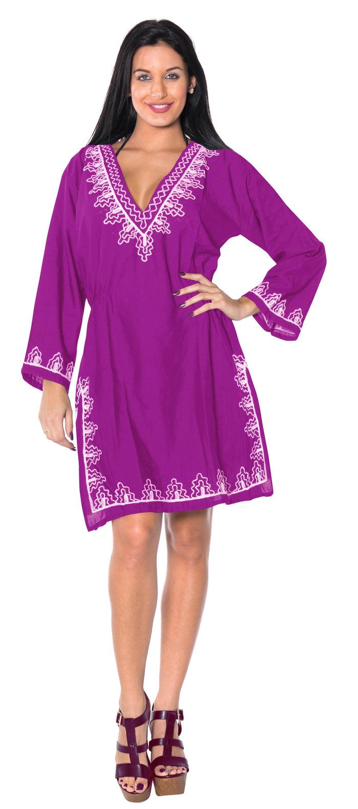 la leela La Leela Embroidered RAYON SWIMSUIT Beach Cover up Tunic Bikini Dress Violet