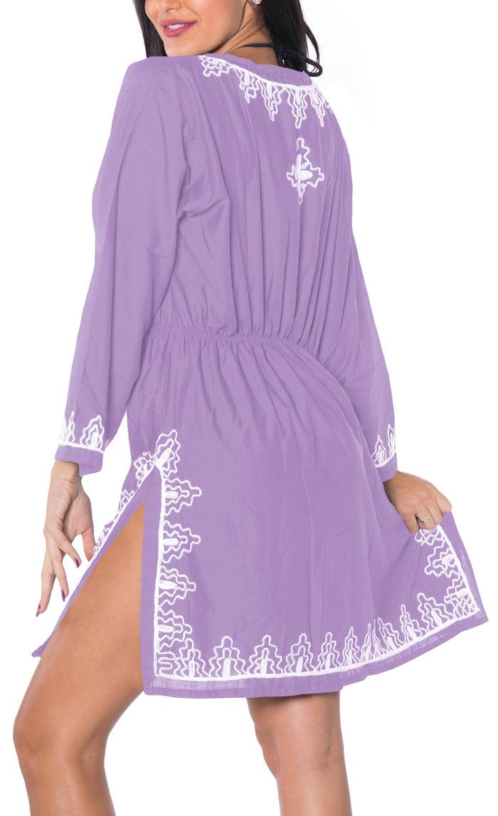 La Leela La Leela Embroidered RAYON SWIMSUIT Beach Cover Up Tunic Bikini Dress Purple