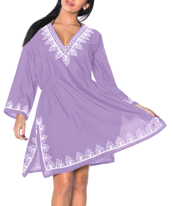 La Leela La Leela Embroidered RAYON SWIMSUIT Beach Cover Up Tunic Bikini Dress Purple
