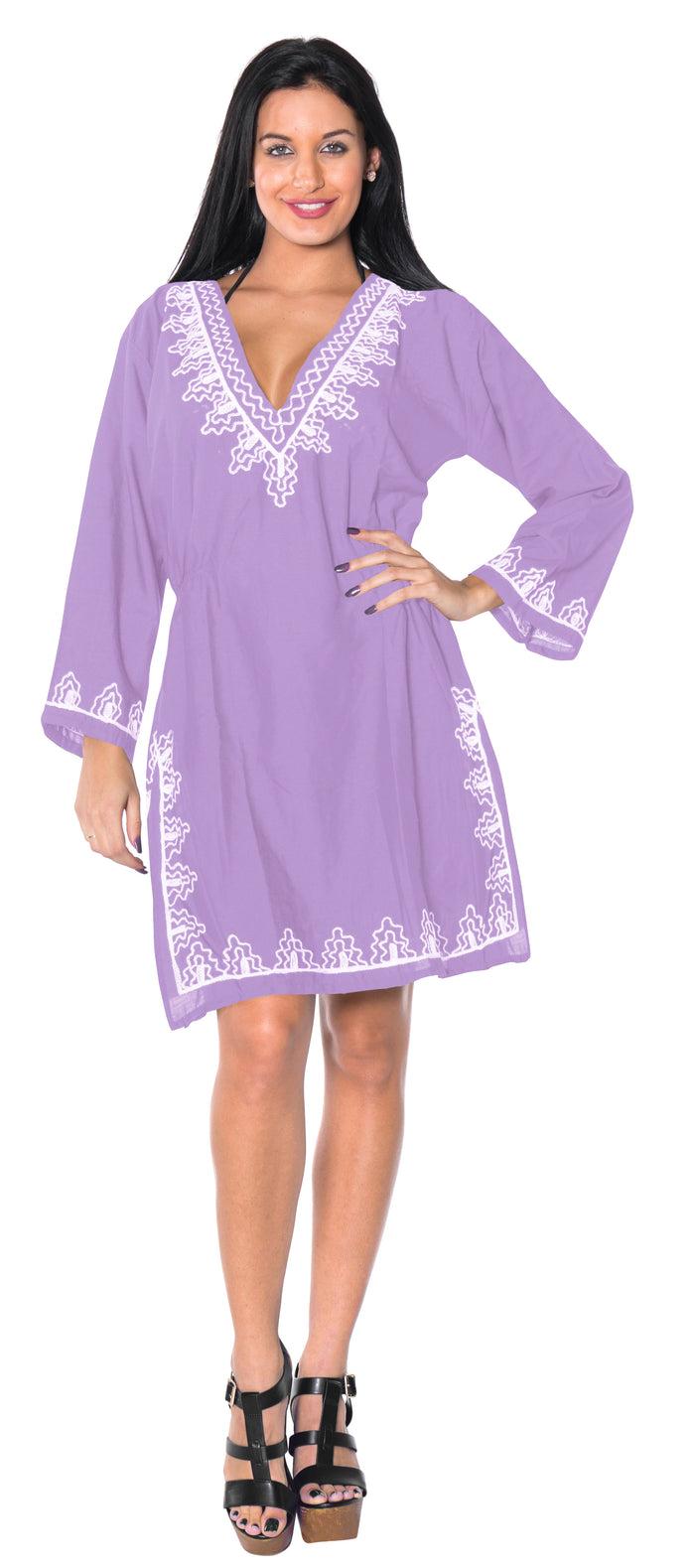 La Leela La Leela Embroidered RAYON SWIMSUIT Beach Cover Up Tunic Bikini Dress Purple