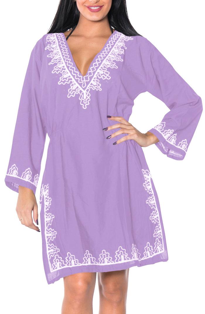 la leela La Leela Embroidered RAYON SWIMSUIT Beach Cover up Tunic Bikini Dress Purple