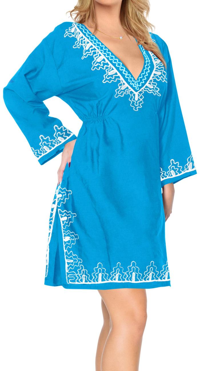 la leela La Leela Embroidered RAYON SWIMSUIT Beach Cover up Tunic Bikini Dress Blue