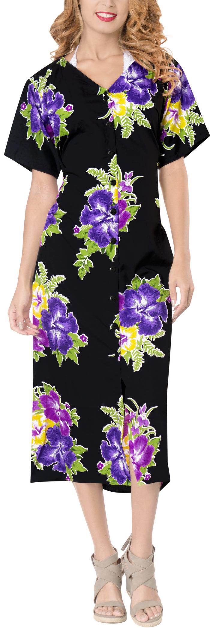 La Leela La Leela Floral Womens Beach Cover Up Button Closure Evening Dress Caftan MAXI
