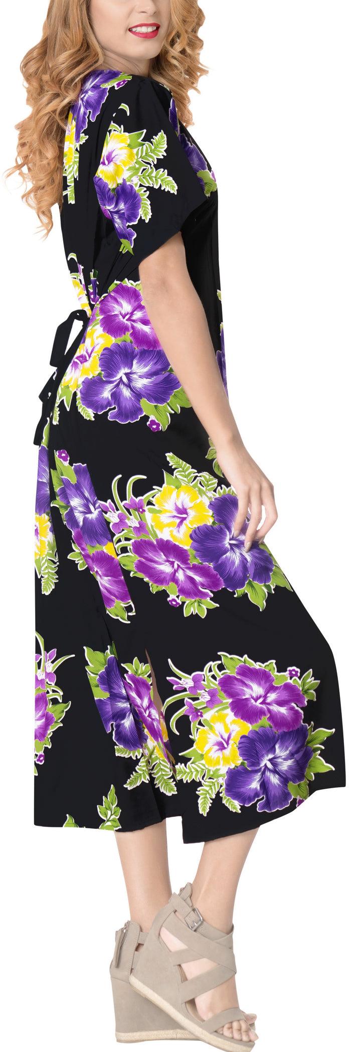 La Leela La Leela Floral Womens Beach Cover Up Button Closure Evening Dress Caftan MAXI