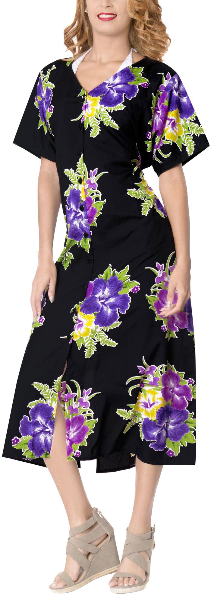 la leela La Leela Floral Womens Beach Cover up Button Closure Evening Dress Caftan MAXI