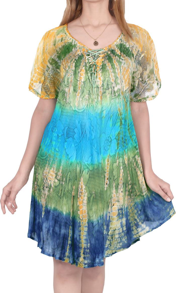 la leela LA LEELA Girls Rayon Short Dress Green Blue US: 14 (L) THRU Plus Size 20W (2X)