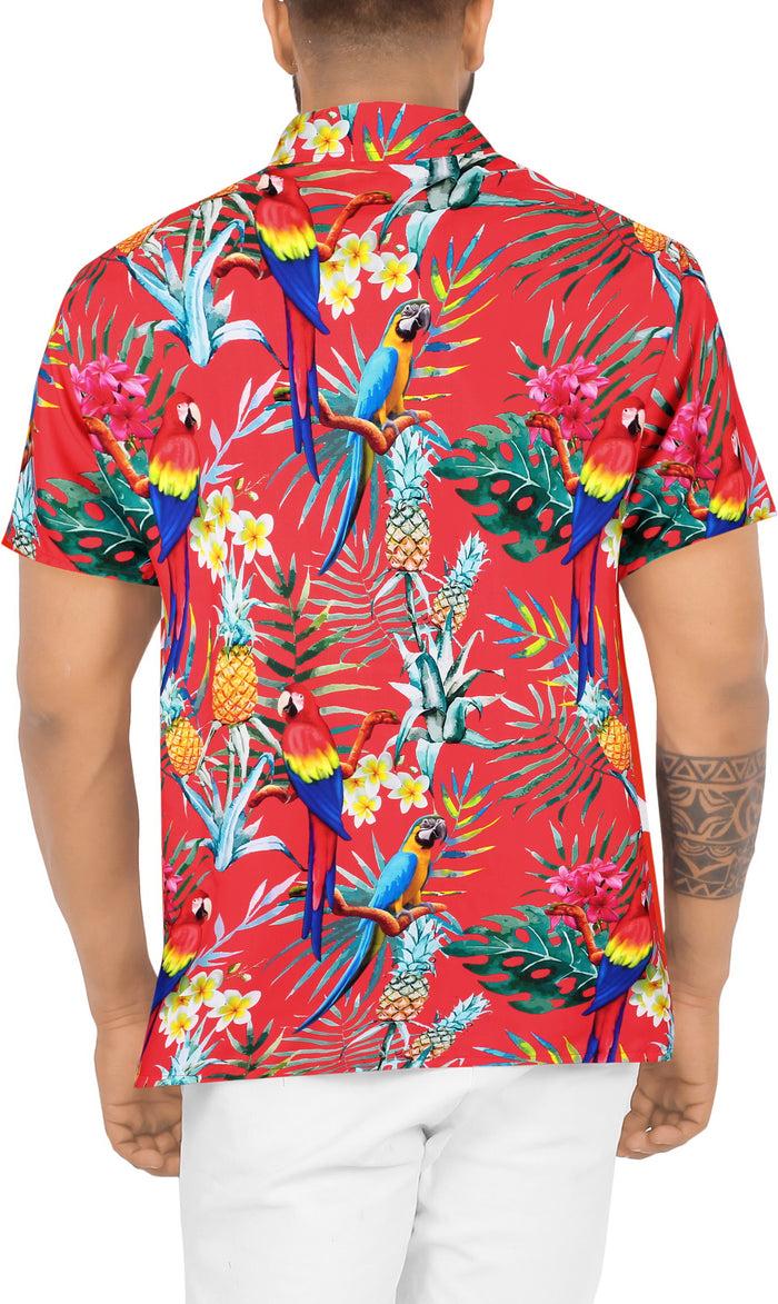 La Leela LA LEELA Hawaiian Shirt For Men's Parrot And Tropical Palm Leaves Print Button-Down Shirt (Red)