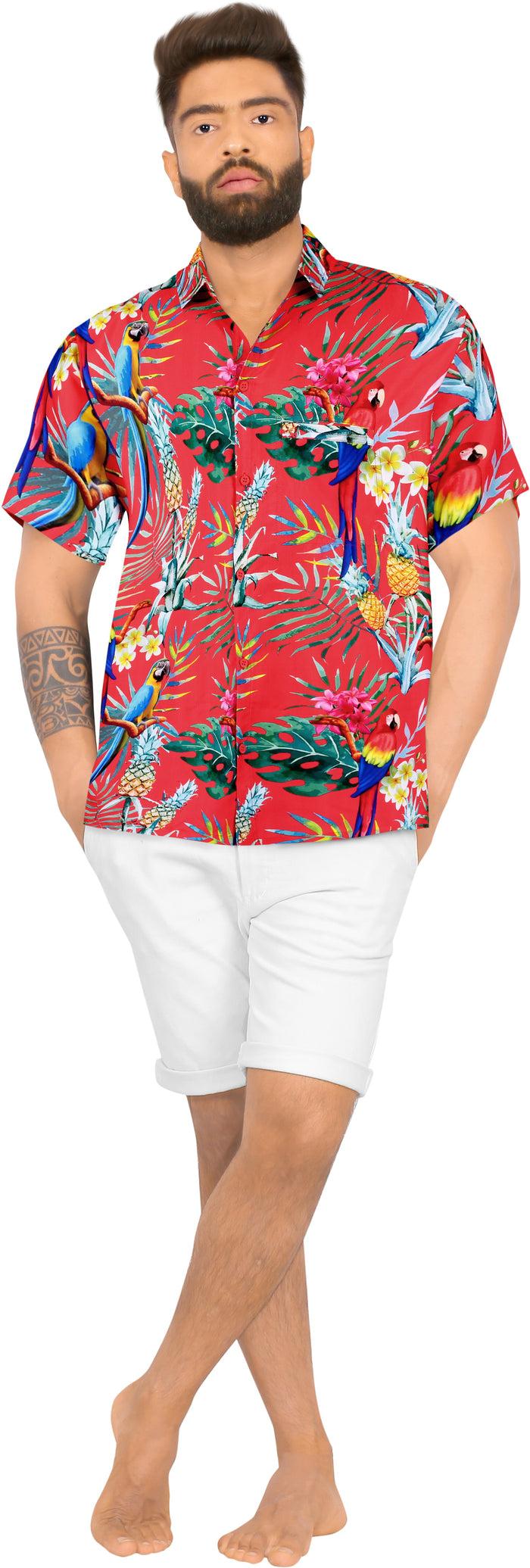 La Leela LA LEELA Hawaiian Shirt For Men's Parrot And Tropical Palm Leaves Print Button-Down Shirt (Red)