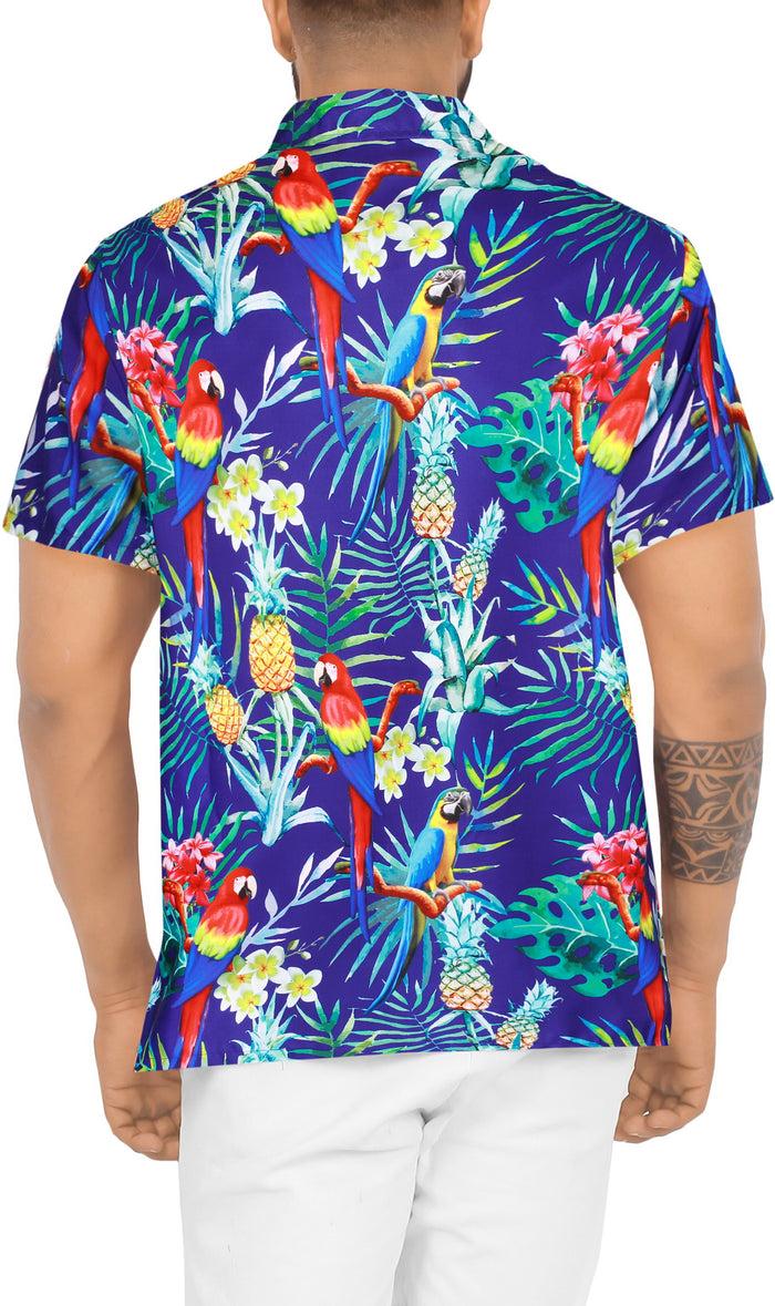 La Leela LA LEELA Hawaiian Shirt For Men's Parrot And Tropical Palm Leaves Print Button-Down Shirt (Blue)