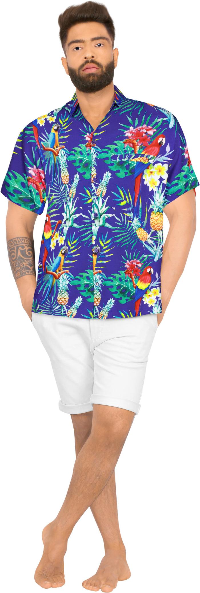 La Leela LA LEELA Hawaiian Shirt For Men's Parrot And Tropical Palm Leaves Print Button-Down Shirt (Blue)