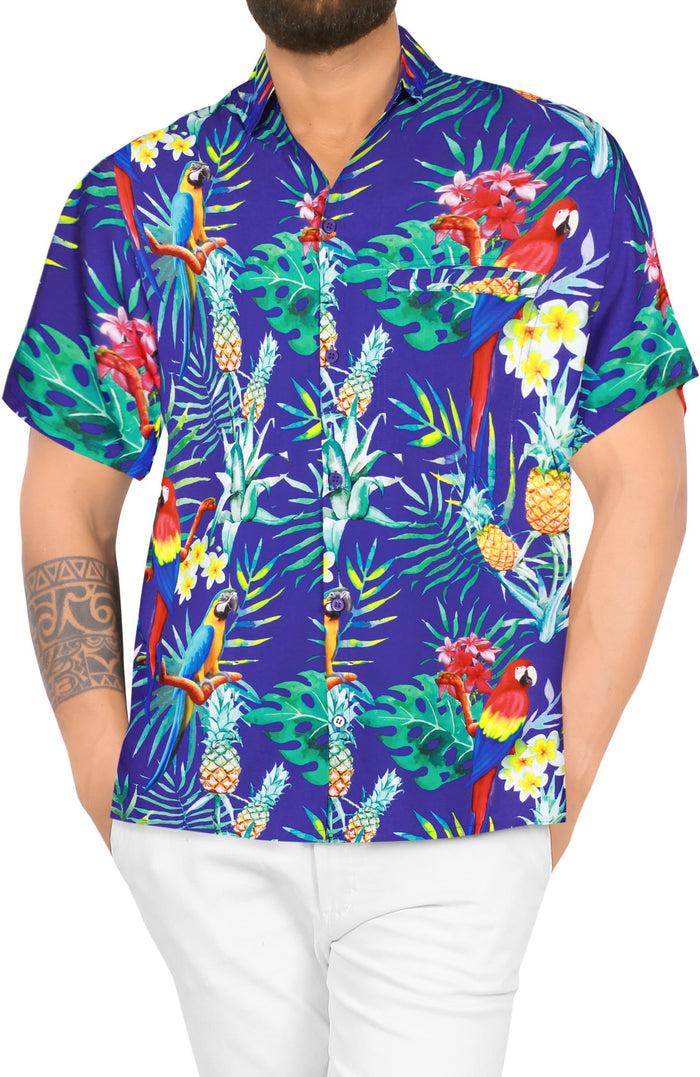 la leela LA LEELA Hawaiian Shirt for Men's Parrot and Tropical Palm Leaves Print Button-Down Shirt (Blue)