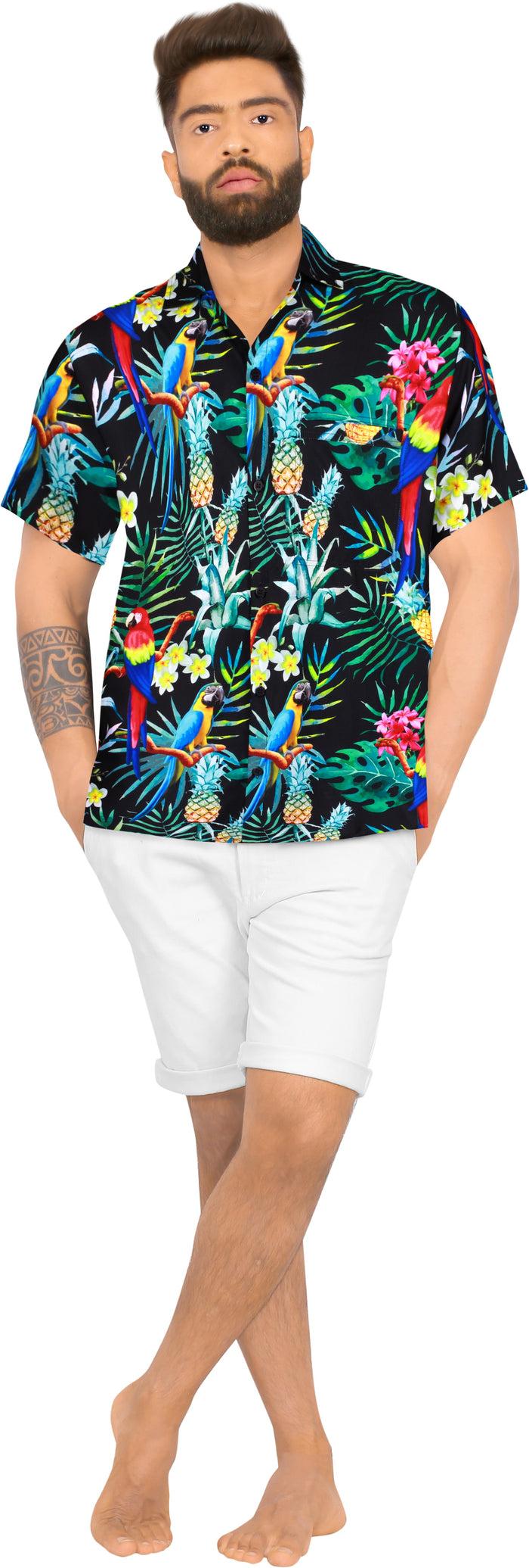 La Leela LA LEELA Hawaiian Shirt For Men's Parrot And Tropical Palm Leaves Print Button-Down Shirt(Black)