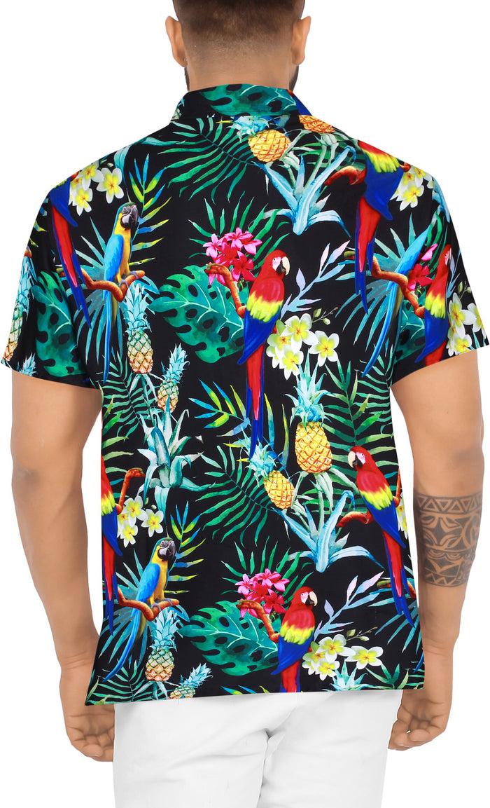 La Leela LA LEELA Hawaiian Shirt For Men's Parrot And Tropical Palm Leaves Print Button-Down Shirt(Black)