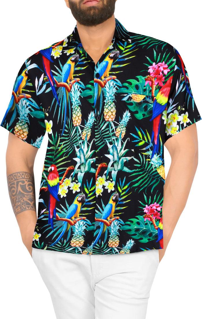 la leela LA LEELA Hawaiian Shirt for Men's Parrot and Tropical Palm Leaves Print Button-Down Shirt(Black)