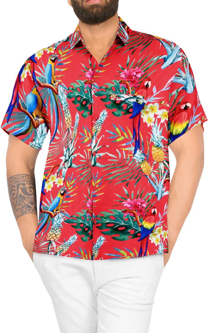 la leela LA LEELA Hawaiian Shirt for Men's Parrot and Tropical Palm Leaves Print Button-Down Shirt (Red)