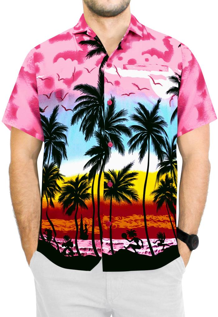 la leela LA LEELA Hawaiian Shirt for Men Short Sleeve Front-Pocket Beach Palm Tree pink