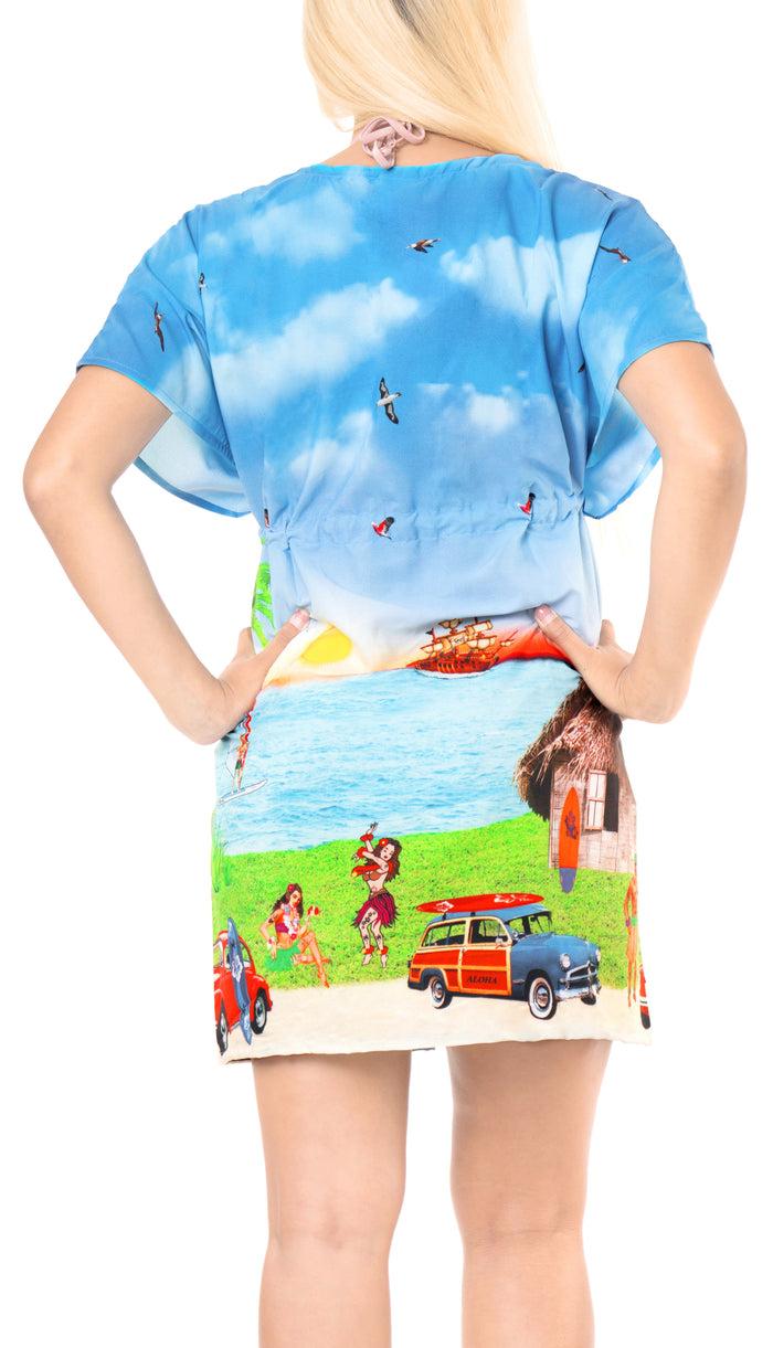 La Leela LA LEELA Kimono Beach Women's Swimwear Swimsuit Bikini Cover Up Blouse Blue