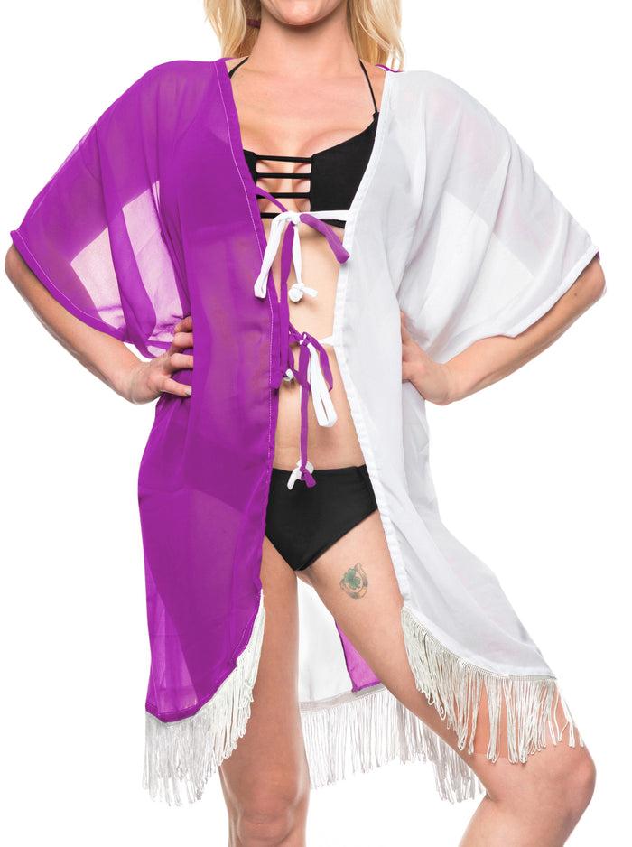 la leela LA LEELA Kimono Cardigan Bikini Cover up jacket loose Tunic Kimono OSFM 14-18 [L-2X] White_663