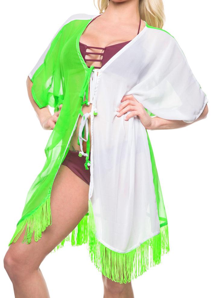 la leela LA LEELA Kimono Cardigan Bikini Cover up jacket loose Beachwear Plain OSFM 14-18 [L-2X] White_Green