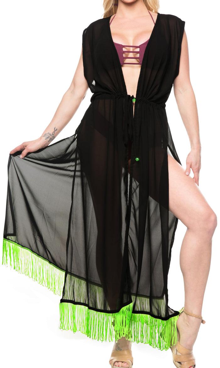 la leela LA LEELA Kimono Cardigan Bikini Cover up jacket loose Cruise Kimono OSFM 14-16 [L-1X] Black_6479