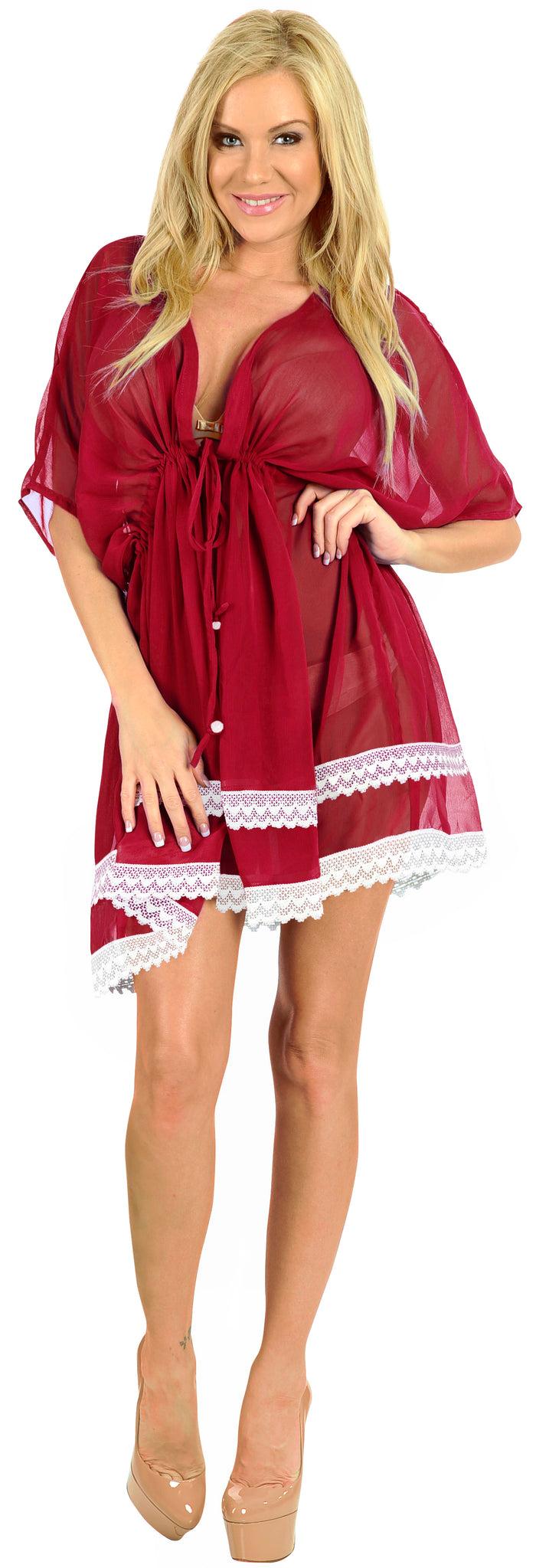 la leela La Leela LightWeight Chiffon Bikini Cover up Caftan Swimsuit Robe Beachy Red