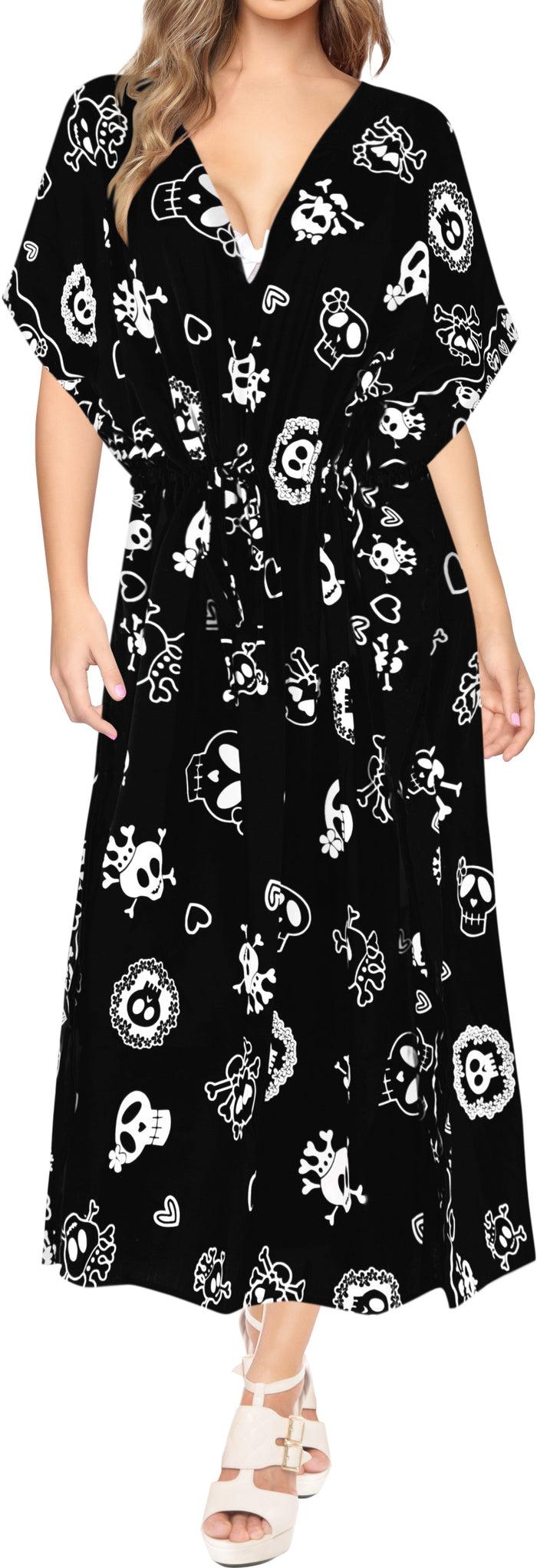 la leela LA LEELA Likre Skull Printed Long Caftan Dress Women Black Long