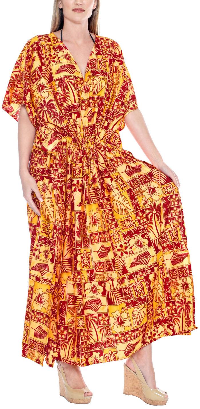 la leela LA LEELA Lounge Caftan Likre Printed Beach Dress Plus Size Maxi Kimono lounger Drawstring Aloha Red