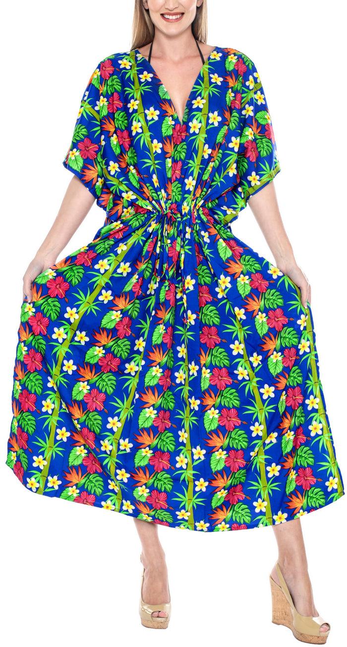 la leela LA LEELA Lounge Caftan Likre Printed Beach Night Sleep Maternity Cover up Dress Casual Swimwear Kaftan Floral printed Blue
