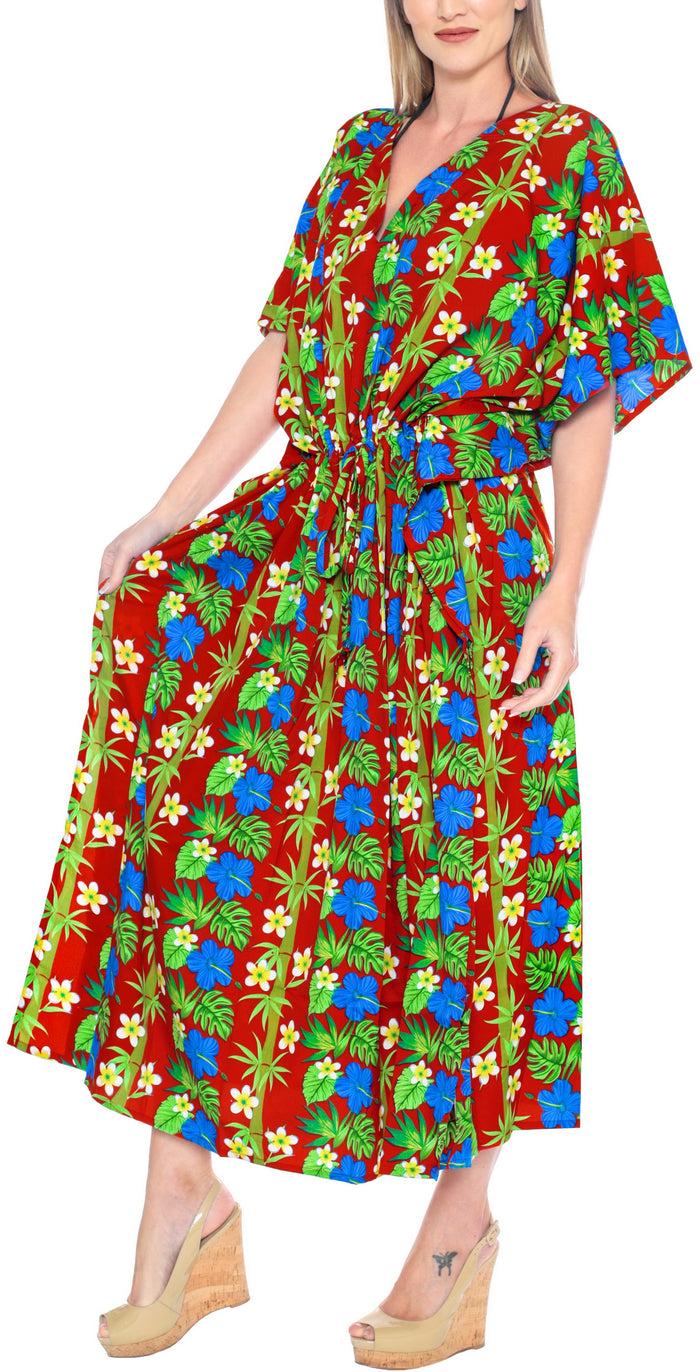 la leela LA LEELA Lounge Caftan Likre Printed Beach Night Sleep Maternity Cover up Dress Casual Swimwear Red