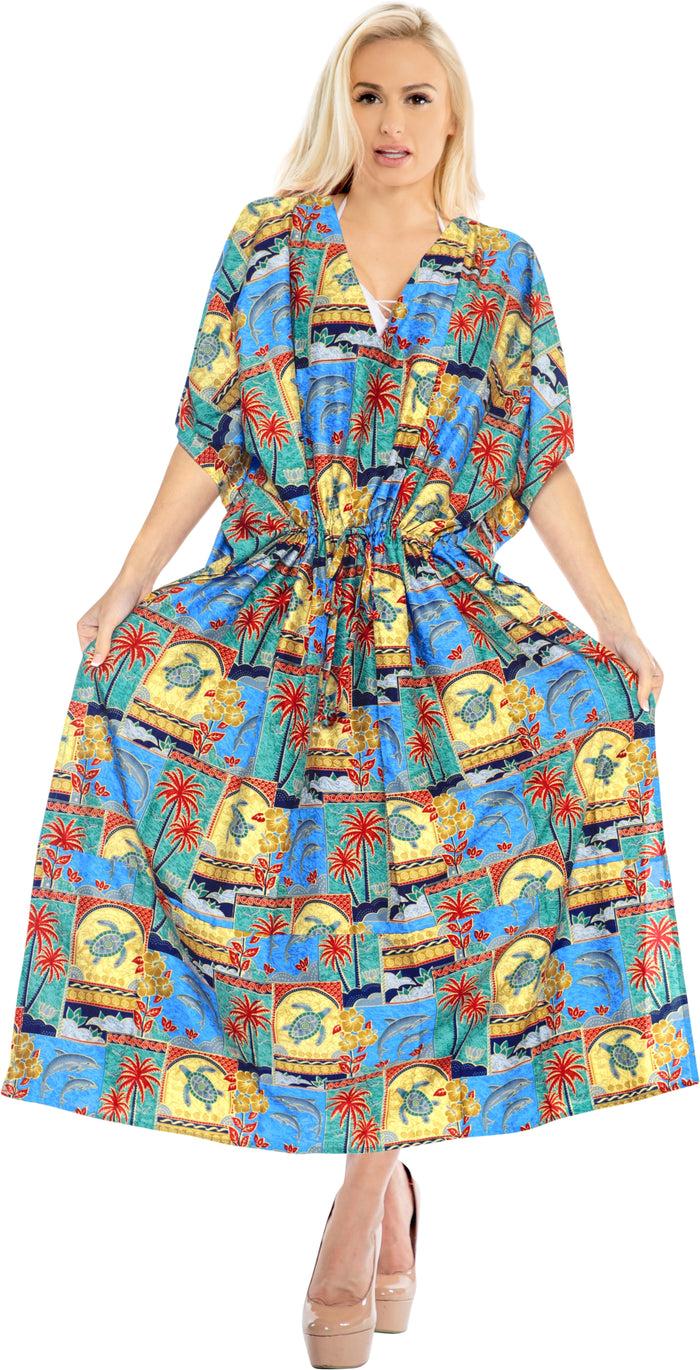 la leela LA LEELA Lounge Caftan Likre Printed Resort Wear Kaftan Blouse Beach Dress Designer Cover ups Green_K772