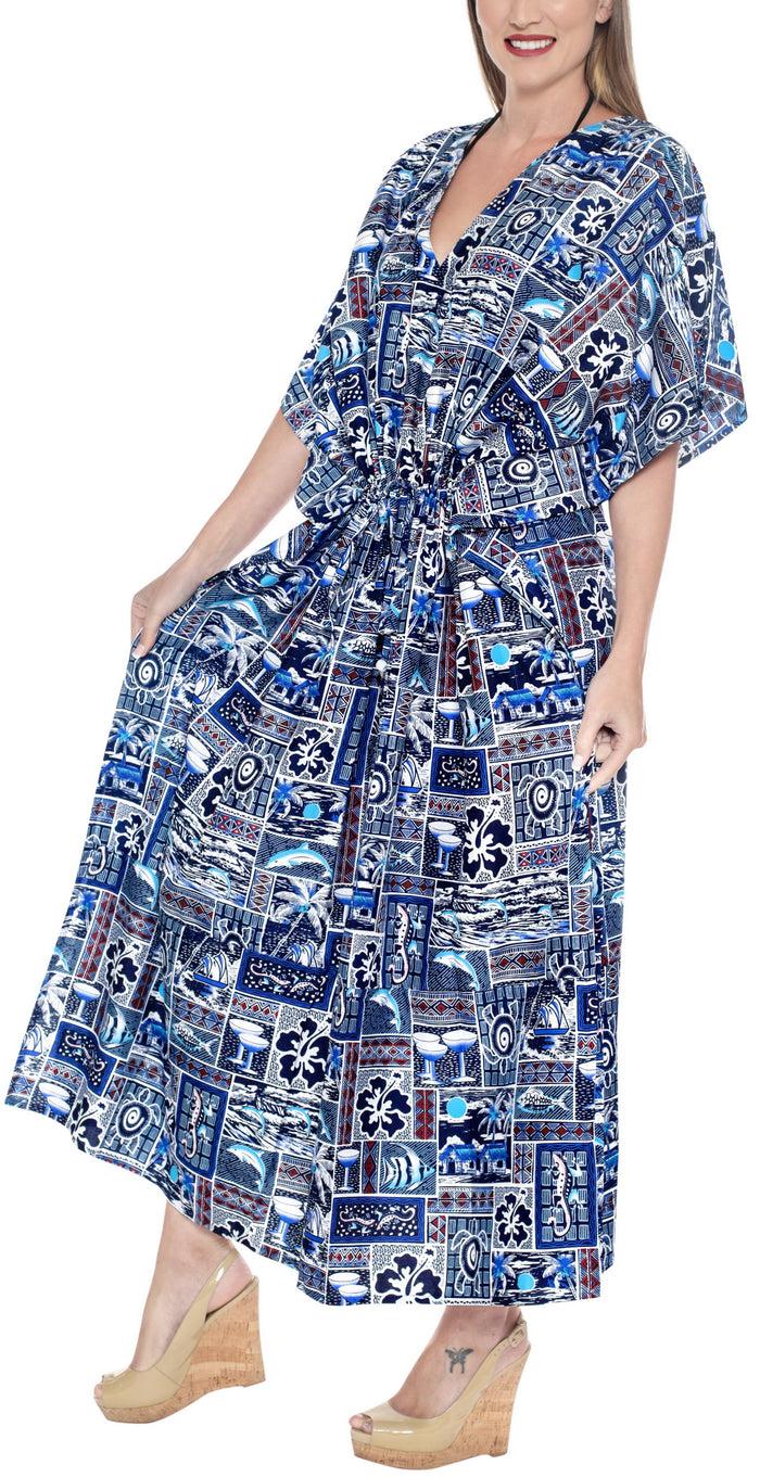 la leela LA LEELA Lounge Caftan Likre Printed Resort Wear Kaftan Blouse Beach Dress Designer Cover ups Blue_M689
