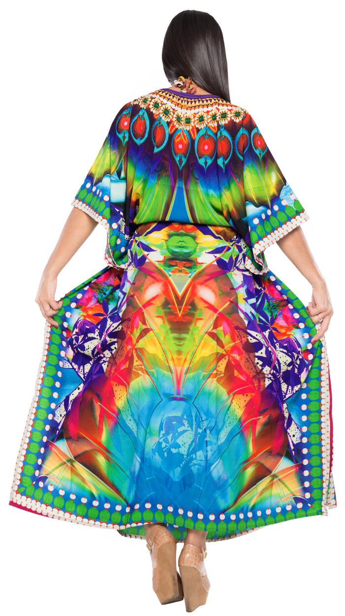 La Leela LA LEELA Lounge Likre Digital Long Caftan Beach Dress OSFM 14-22W [L- 3X] Multicolor_O932