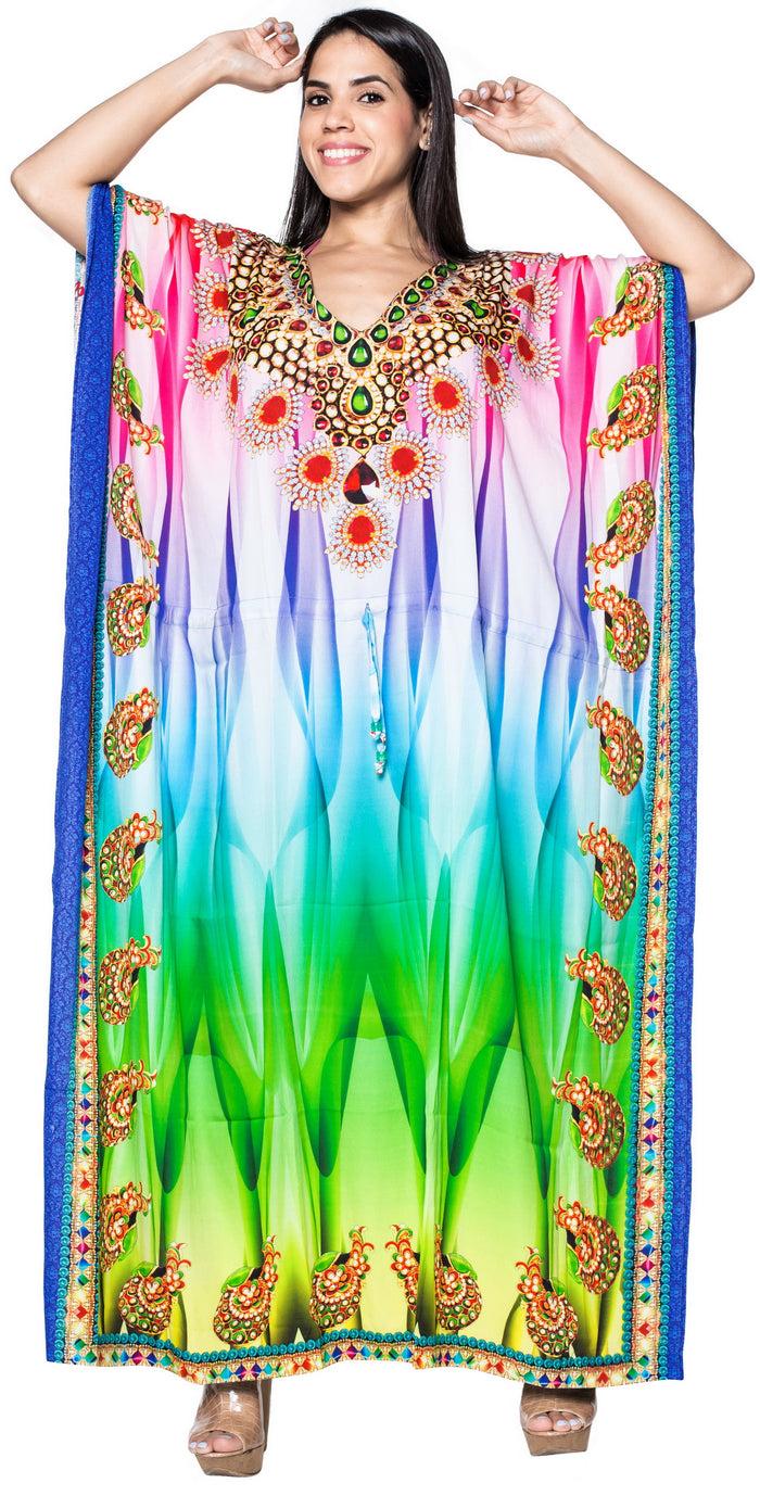 la leela LA LEELA Lounge Likre Digital Long Caftan Beach Dress OSFM 14-22W [L- 3X] Multicolor_V543