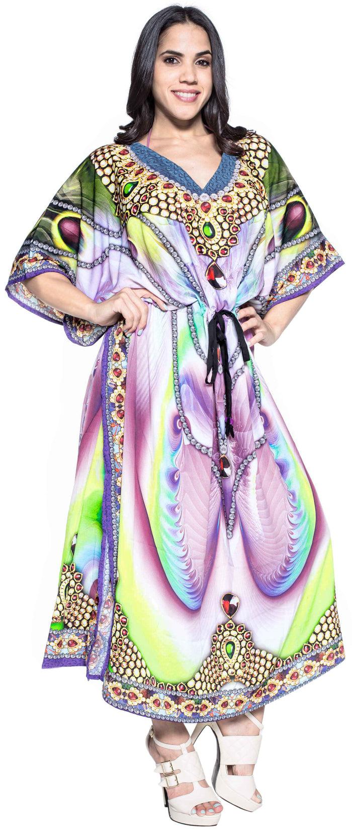 La Leela LA LEELA Lounge Likre Digital Long Caftan Beach Dress OSFM 14-22W [L- 3X] Multicolor_V546
