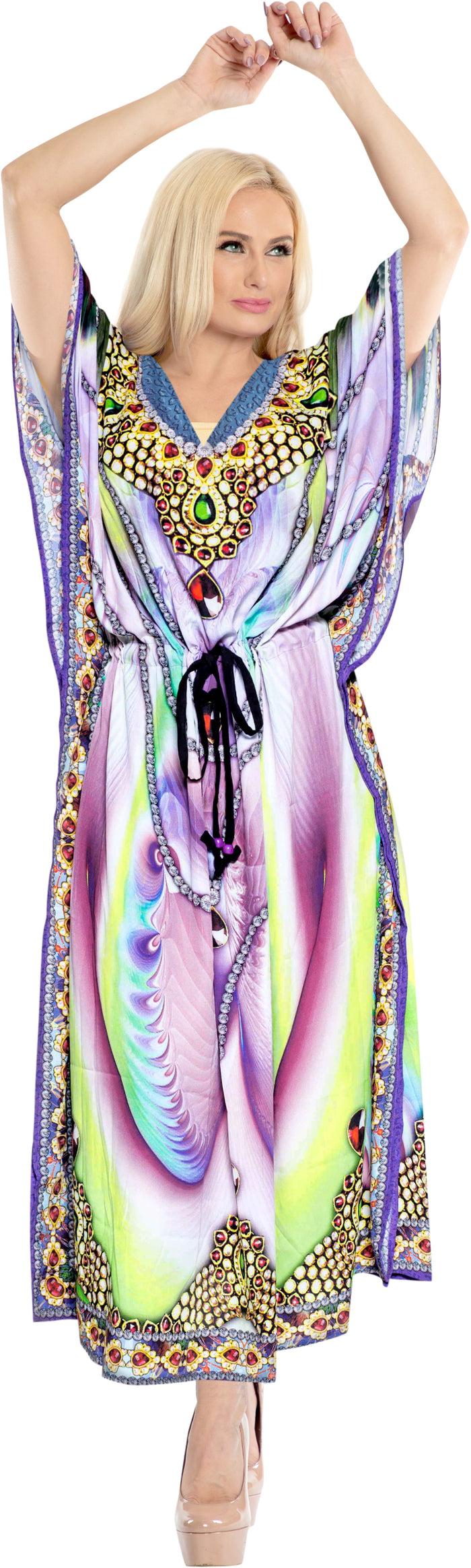 la leela LA LEELA Lounge Likre Digital Long Caftan Beach Dress OSFM 14-22W [L- 3X] Multicolor_V546