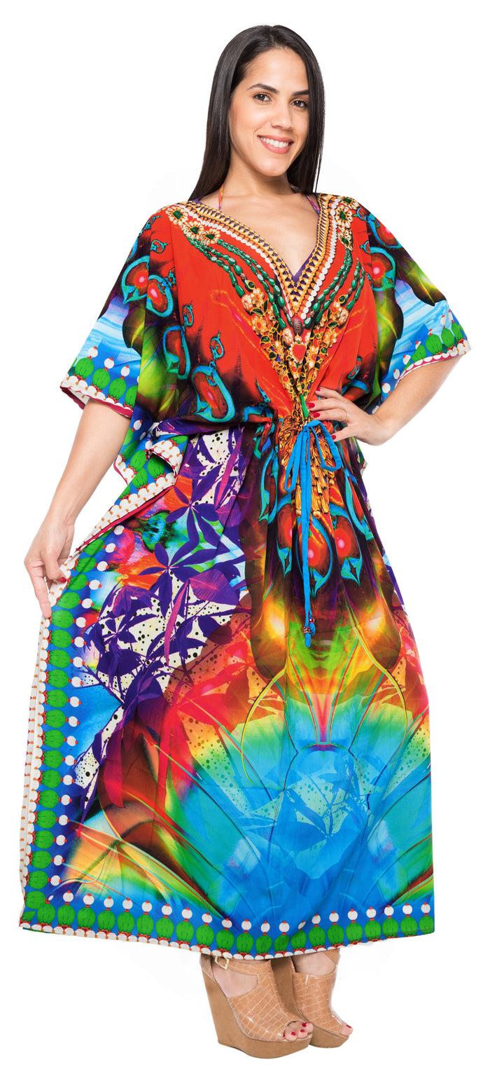 la leela LA LEELA Lounge Likre Digital Long Caftan Beach Dress OSFM 14-22W [L- 3X] Multicolor_O932