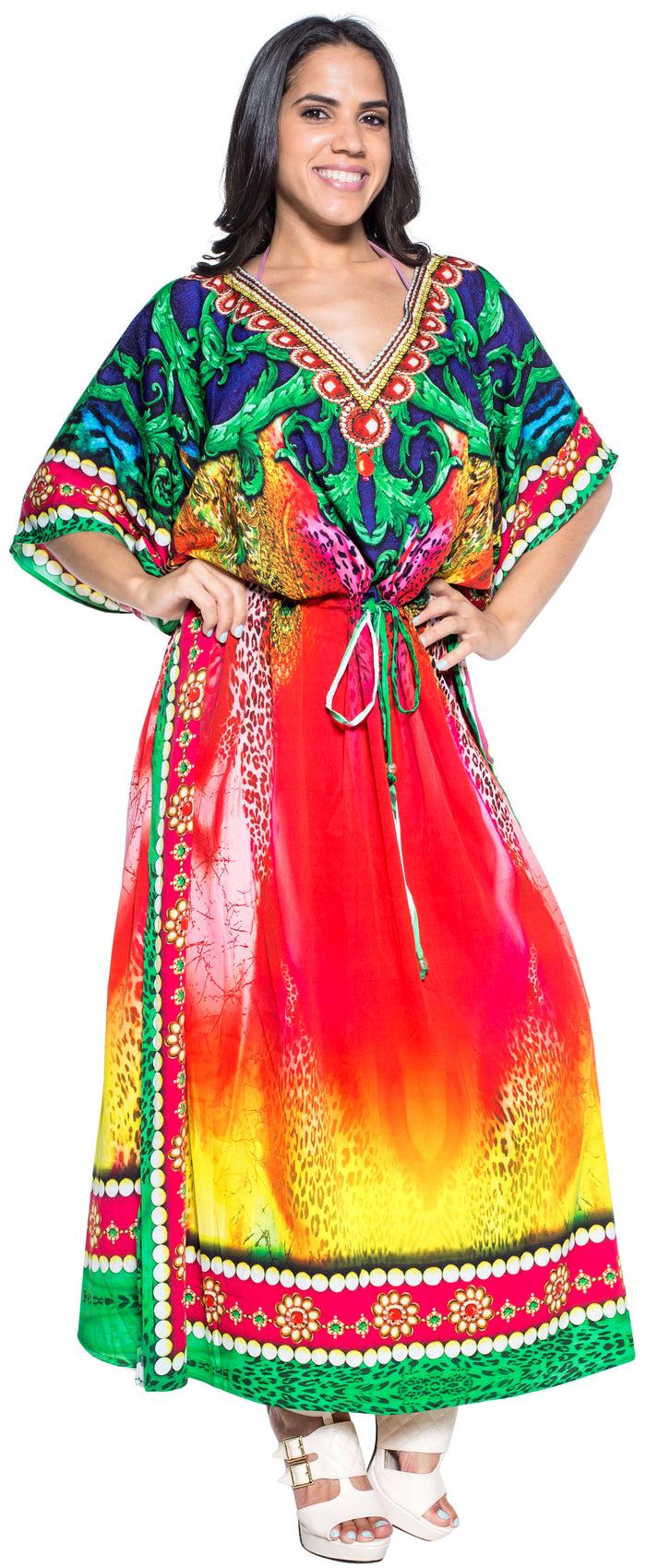la leela LA LEELA Lounge Likre Digital Long Caftan Dress Women Multicolor_731 OSFM 14-22W [L-3X]