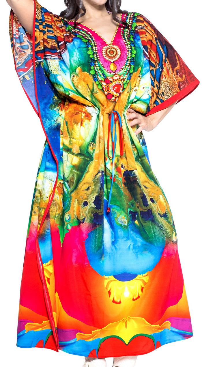 La Leela LA LEELA Lounge Likre Digital Long Caftan Top Girl Multicolor_768 OSFM 14-22W [L-3X]
