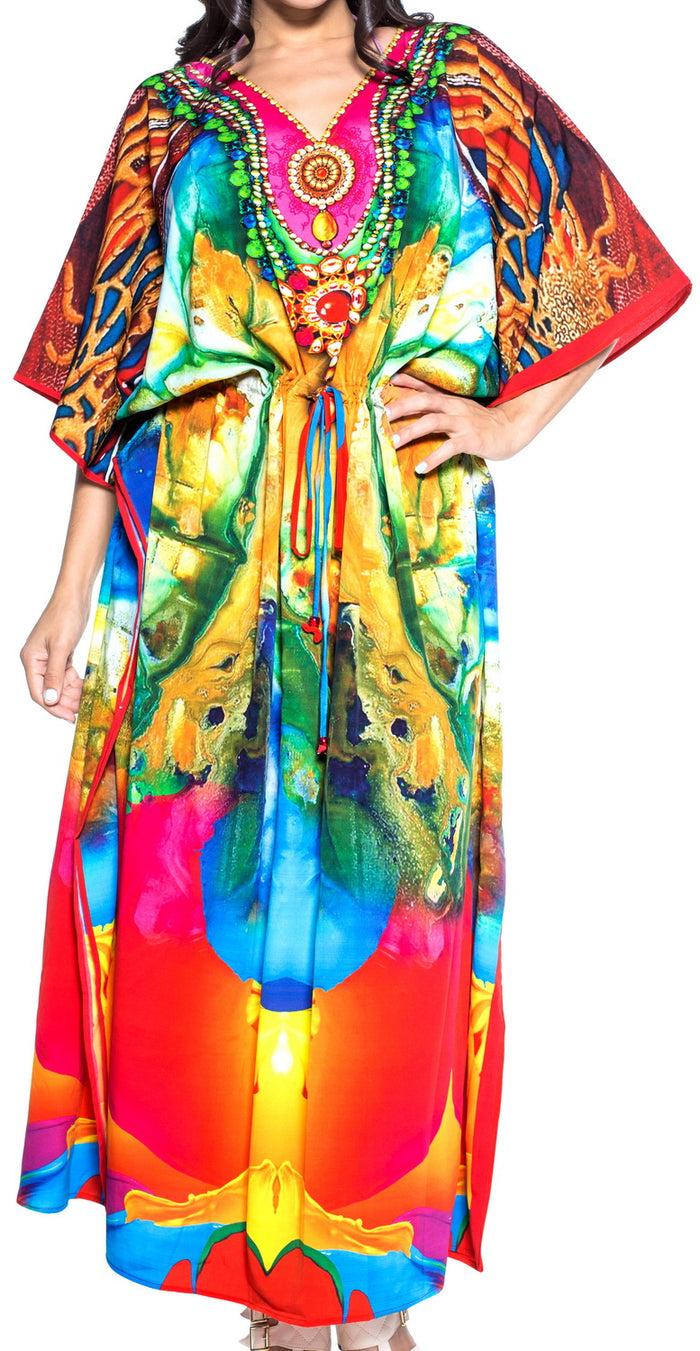 la leela LA LEELA Lounge Likre Digital Long Caftan Top Girl Multicolor_768 OSFM 14-22W [L-3X]