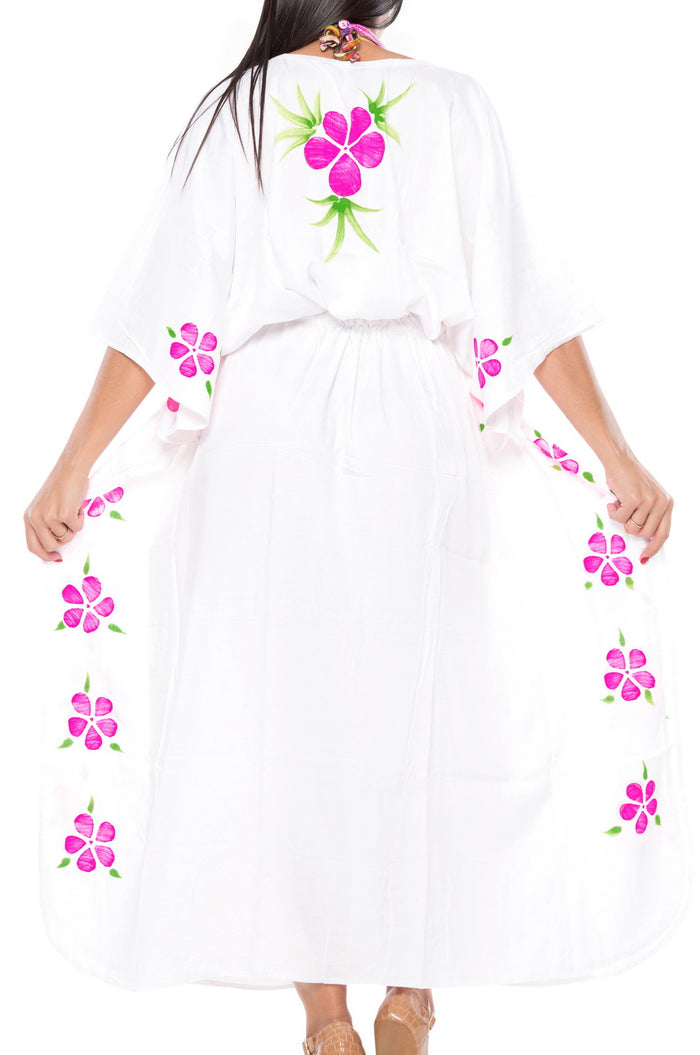 La Leela LA LEELA Lounge Rayon Printed Long Caftan Vacation Girls White_4064 OSFM 12-20W [L-2X]